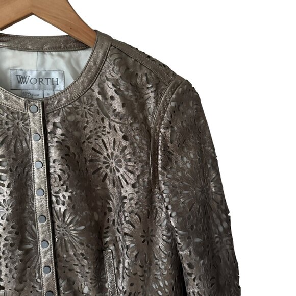 Worth Leather Jacket Sz 6 Floral Laser Cut Outs Bronze Champange Snap Front - Picture 14 of 16